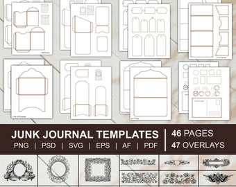 Junk Journal Templates Mega Kit, Folio Template, Envelope Template, Tags Template, Labels, Frames, Cards, Tabs | png, svg, pdf, psd, eps, af
