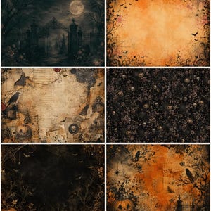 May include: A collection of six rectangular digital papers featuring Halloween themes. Designs include a moonlit cemetery gate, an orange grunge background with bats, a vintage collage with skulls, a dark floral pattern, a night forest, and a pumpkin scene.
