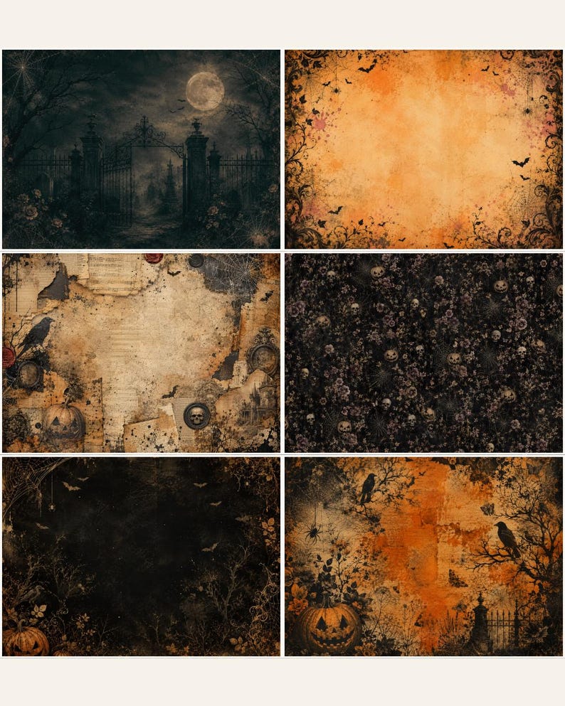 May include: A collection of six rectangular digital papers featuring Halloween themes. Designs include a moonlit cemetery gate, an orange grunge background with bats, a vintage collage with skulls, a dark floral pattern, a night forest, and a pumpkin scene.