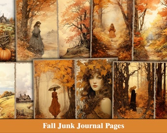 May include: A collage of digital scrapbook paper featuring autumnal scenes with trees, paths, and figures in a woodland setting. The colors are warm and muted, with shades of brown, orange, and yellow.