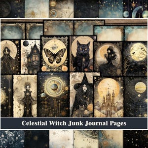 May include: A collage of 16 digital printable pages featuring celestial and witchy themes. The pages feature illustrations of moons, stars, a black cat, a witch, a butterfly, a house, and a church. The pages are in a dark, moody color palette with gold accents.