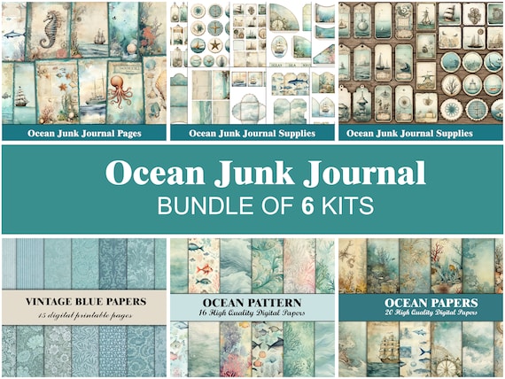 Ocean Junk Journal Kit Blue Sea Junk Journal Pages Tags Nautical Ephemera Beach Marine Junk Journal Turquoise Craft Supplies Digital