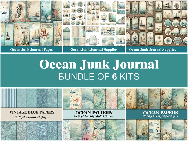 May include: A digital scrapbooking kit with an ocean theme. The kit includes 6 sets of digital papers, journal pages, and supplies. The papers feature a variety of ocean-themed designs, including seashells, starfish, fish, and boats. The journal pages are perfect for creating a unique and personalised journal. The supplies include tags, labels, and other embellishments that can be used to decorate your journal.