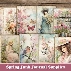 Frühling Blumen Junk Journal Seiten Botanische Ephemera Garten Vögel Junk Journal Rose Druckbares Journal Kit Scrapbook Papier Grün Rosa Basteln