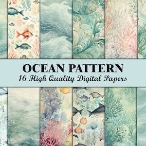 May include: A set of 16 digital papers featuring ocean-themed patterns. The papers include various designs, such as coral reefs, sea waves, and fish. The papers are high quality and perfect for crafting projects.