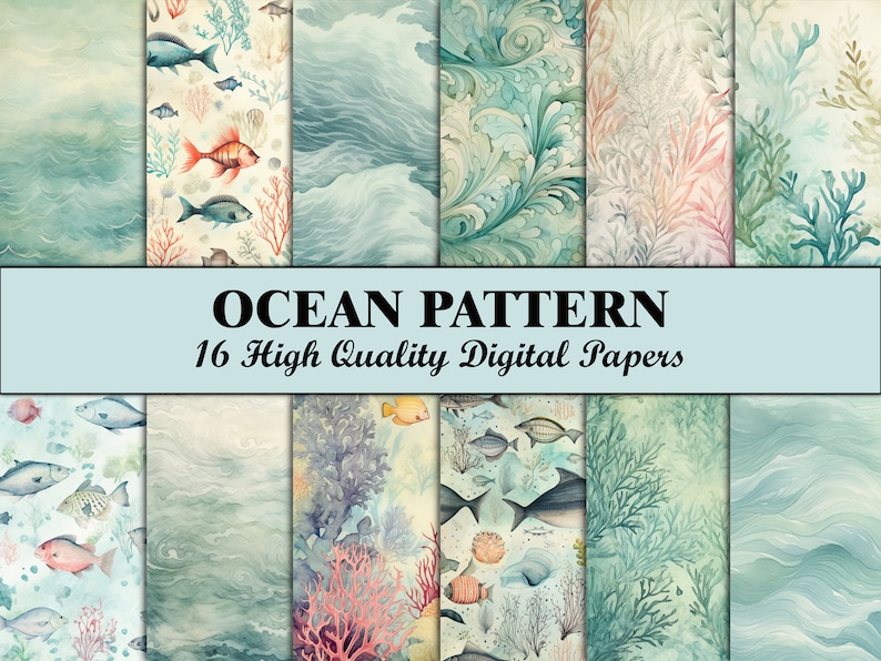 May include: A set of 16 digital papers featuring ocean-themed patterns. The papers include various designs, such as coral reefs, sea waves, and fish. The papers are high quality and perfect for crafting projects.