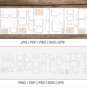 May include: A printable sheet of paper craft templates for creating various boxes, envelopes, and other paper crafts. The templates feature a variety of shapes and sizes, including butterflies, hearts, and geometric designs. The sheet is divided into two sections, one with a white background and the other with a transparent background.