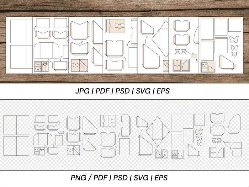 May include: A printable sheet of paper craft templates for creating various boxes, envelopes, and other paper crafts. The templates feature a variety of shapes and sizes, including butterflies, hearts, and geometric designs. The sheet is divided into two sections, one with a white background and the other with a transparent background.
