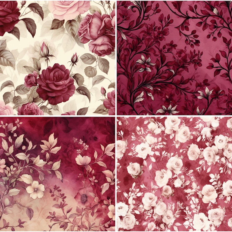 Burgundy Valentine Scrapbook Paper Junk Journal Ephemera Floral Vintage ...