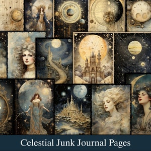 May include: A collage of digital images featuring celestial themes. The images include castles, moons, stars, and women with flowing hair. The text "Celestial Junk Journal Pages" is at the bottom of the collage.