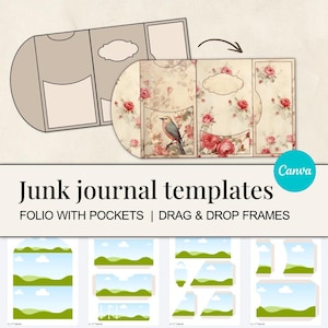 Może przedstawiać: Szablony junk journal z wzorami folio i kieszeni. Szablony przedstawiają kwiatowy wzór z różami i ilustracją ptaka. Obraz zawiera również dodatkowe ramki typu drag and drop z krajobrazem. Tekst brzmi "Szablony junk journal".