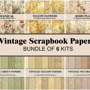 Papel botânico para scrapbook, floral, amarelo, verde, bege, boho, diário, páginas, papel para impressão, digital, vintage, flores, fundo
