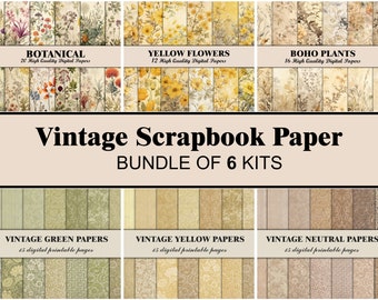 Botanical Scrapbook Paper Floral Yellow Green Beige Boho Junk Journal Pages Paper Printable Digital Vintage Flower Background Flowers