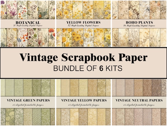 Botanical Scrapbook Paper Floral Yellow Green Beige Boho Junk Journal Pages Paper Printable Digital Vintage Flower Background Flowers