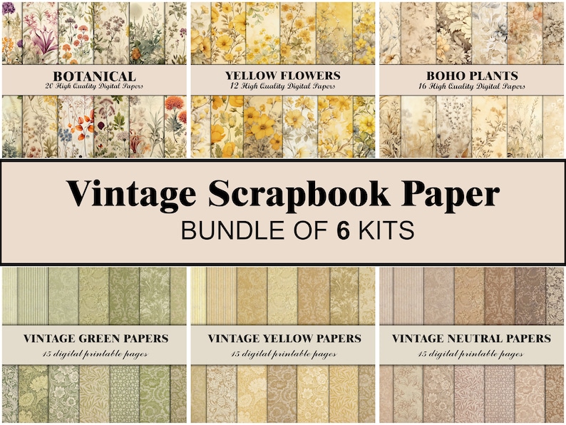 May include: A collage of six digital paper kits for scrapbooking. The kits feature vintage floral patterns in shades of green, yellow, and neutral colors. The kits include 15 to 20 high-quality digital papers each.