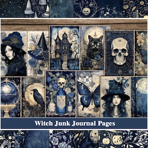 May include: A collage of 12 digital papers featuring a witchy theme. The papers include images of a witch, a skull, a raven, a butterfly, a house, a cat, and a potion bottle. The papers are in shades of blue, black, and white.