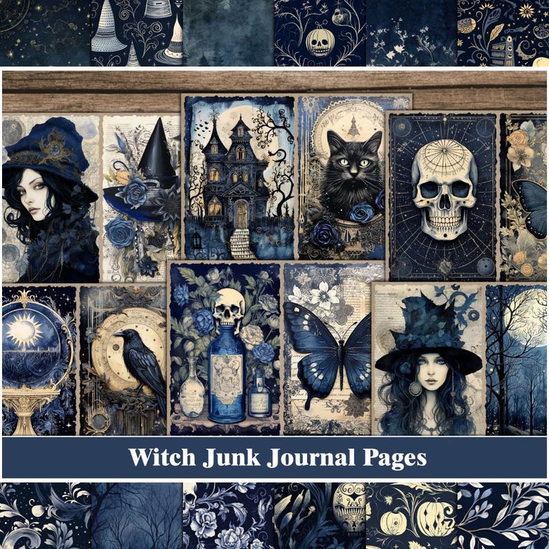 May include: A collage of 12 digital papers featuring a witchy theme. The papers include images of a witch, a skull, a raven, a butterfly, a house, a cat, and a potion bottle. The papers are in shades of blue, black, and white.