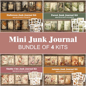 May include: A collage of four digital junk journal kits, each with a different theme: Halloween, Forest, Shabby Chic, and Autumn. Each kit includes a mini book with pockets and various digital papers, ephemera, and embellishments.
