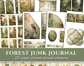 Forest Junk Journal Supplies, Woodland Junk Journal Kit, Tags, Labels, Pockets, Cards, Botanical Forest Ephemera, Green Junk Journal Forest
