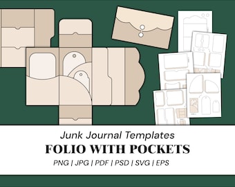 May include: A set of printable templates for a junk journal folio with pockets. The templates include a folio with pockets, a flap envelope, and various tags and pockets. The templates are in black and white and are ready to be printed and assembled.