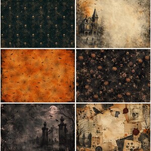 May include: A collection of six rectangular digital papers featuring Halloween themes including a skull damask pattern, a haunted mansion, orange spiderwebs, a pumpkin and skull print, a dark cemetery gate, and a collage of vintage ephemera.