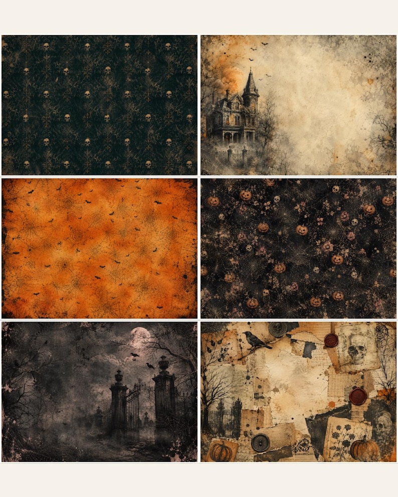 May include: A collection of six rectangular digital papers featuring Halloween themes including a skull damask pattern, a haunted mansion, orange spiderwebs, a pumpkin and skull print, a dark cemetery gate, and a collage of vintage ephemera.