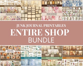 May include: A collage of digital paper packs for junk journaling. The packs include various themes such as wildflowers, boho plants, blue flowers, vintage grungy tags, pink flowers, autumn fussy cuts, ocean junk journal supplies, wildflower junk journal folio, blue winter, botanical junk journal pages, and vintage junk journal supplies.