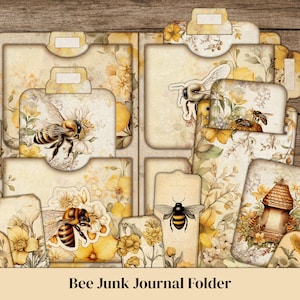 Bee ジャンク ジャーナル キット、フォルダー、フォリオ ジャンク ジャーナル タブ、Bee スクラップブック、Fussy Cuts、Bee Ephemera バンドル、ミニ ジャンク ジャーナル タグ