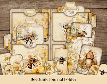 Bee Junk Journal Kit, Folder, Folio Junk Journal Tab, Bee Scrapbook, Fussy Cuts, Bee Ephemera Bundle, Mini Junk Journal Tags