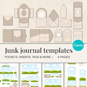 May include: A collection of beige junk journal templates, including pockets, inserts, and tags. The image features various designs, such as envelopes and tag shapes. Text reads "Junk journal templates" and "POCKETS, INSERTS, TAGS & MORE | 8 PAGES".