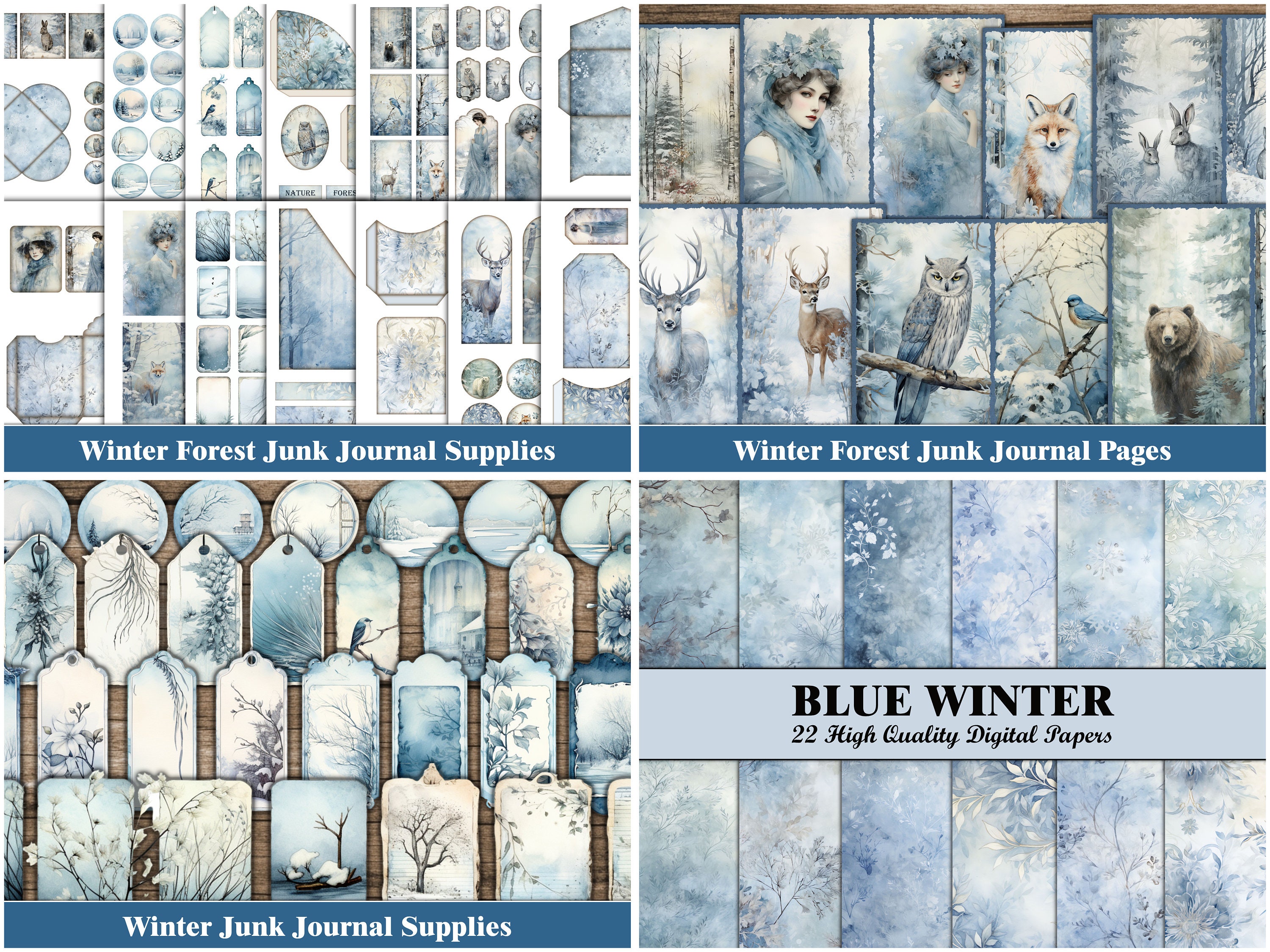 Winter Junk Journal Kit Blue Christmas Junk Journal Pages Purple Winter ...