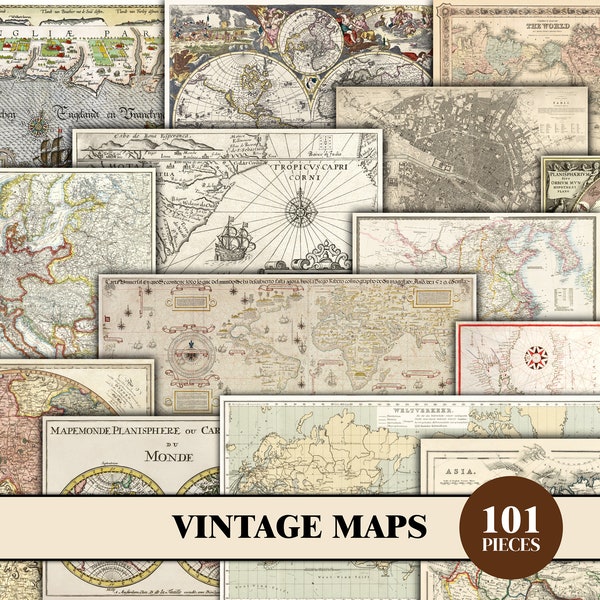 Old Maps of The World, Ephemera Pack, Printable Vintage Map Ephemera For Junk Journals, Journal Pages, Travel, Grungy, Old Digital Paper
