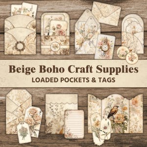 Forniture per diario spazzatura Boho beige Tasche con etichette caricate Forniture artigianali neutre floreali Cute Rose Natura Stampabile Album di effimeri botanici