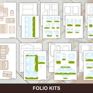 May include: Printable folio kits with a landscape design featuring green hills, blue sky, and white clouds. The kits include templates for boxes, bags, and tags. The text "FOLIO KITS" is at the bottom of the image.