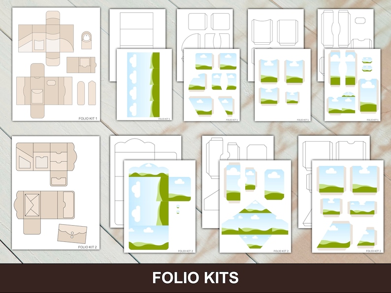 May include: Printable folio kits with a landscape design featuring green hills, blue sky, and white clouds. The kits include templates for boxes, bags, and tags. The text "FOLIO KITS" is at the bottom of the image.