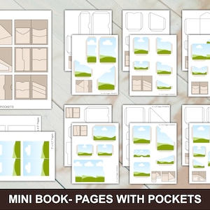 May include: Printable templates for a mini book with pockets. The pages feature a variety of designs, including pockets, clouds, and grassy hills. The text "MINI BOOK WITH POCKETS" and "MINI BOOK - PAGES WITH POCKETS" is included on the pages.