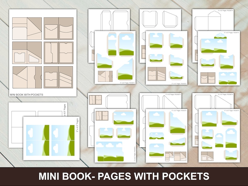 May include: Printable templates for a mini book with pockets. The pages feature a variety of designs, including pockets, clouds, and grassy hills. The text "MINI BOOK WITH POCKETS" and "MINI BOOK - PAGES WITH POCKETS" is included on the pages.