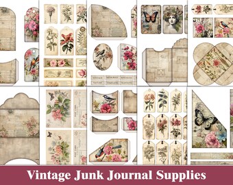 Vintage Junk Journal Kit Floral Junk Journal Supplies Pink Vintage Ephemera Nature Botanical Junk Journal Supplies Flowers Craft Printables