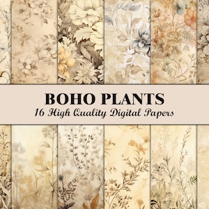 Boho-Scrapbook-Papier, Blumen-Ornament-Muster, Junk-Journal-Seiten, druckbare digitale Papiere, Hintergrund, Kaffee, neutrales Beige, schäbig, verblasst