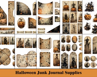Halloween Junk Journal Supplies, Junk Journal Tags, Labels, Cards, Tab, Halloween Printable Digital Kit, Spooky Halloween Ephemera Pack