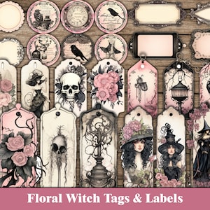 Floral Witch Junk Journal Tags Labels Pink Halloween Junk Journal Supplies Magic Witches Halloween Scrapbook Black Ephemera Dark Printables