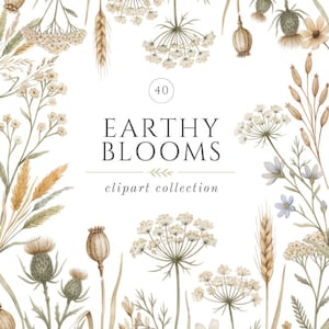 May include: A digital graphic featuring a border of watercolor-style wildflowers, grasses, and seed pods in neutral tones. The center text reads 40 EARTHY BLOOMS clipart collection, with a small decorative line element separating the text lines.