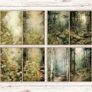 May include: A set of eight rectangular prints featuring forest scenes with deer, mushrooms, and dense foliage. The imagery includes misty woodland paths, birch trees, and lush greenery in shades of green, brown, and white with a vintage aesthetic.