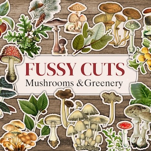 Fein geschnittene Pilze und Grünzeug | Wald-wählerische Schnitte | Fussy Cut Ephemera| Druckbares digitales Kit mit Fussy Cut für Junk Journals| Junk-Journal-Kits