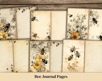 May include: Set of printable journal pages featuring a vintage aesthetic with bees and flowers. The pages have a distressed, aged look and include lined and blank pages.