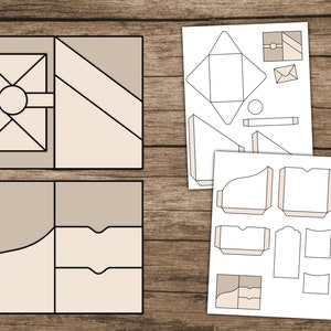 K&ouml;nnte beinhalten: Geometrische Papiervorlagen in Beige und Grau mit schwarzen Umrissen, angeordnet auf einer Holzoberfl&auml;che. Die Designs umfassen Umschl&auml;ge, Schachteln und dekorative Elemente, ideal f&uuml;r DIY-Projekte und Bastelarbeiten. Das Bild zeigt verschiedene Formen und Gr&ouml;&szlig;en.