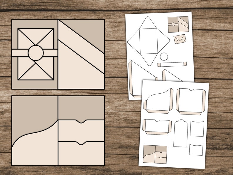 K&ouml;nnte beinhalten: Geometrische Papiervorlagen in Beige und Grau mit schwarzen Umrissen, angeordnet auf einer Holzoberfl&auml;che. Die Designs umfassen Umschl&auml;ge, Schachteln und dekorative Elemente, ideal f&uuml;r DIY-Projekte und Bastelarbeiten. Das Bild zeigt verschiedene Formen und Gr&ouml;&szlig;en.