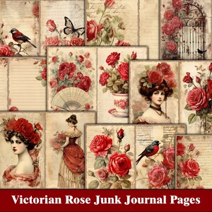 Victorian Rose Junk Journal Pages Imprimable Ephemera Floral Junk Journal Kit Tags Grungy Red Scrapbook Papier numérique vintage Craft Supplies