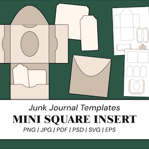 Puede incluir: Un conjunto de plantillas imprimibles para un mini inserto cuadrado de diario de chatarra. Las plantillas incluyen un inserto cuadrado, un bolsillo, una etiqueta y un sobre. Las plantillas están en blanco y negro y están listas para imprimirse y recortarse.