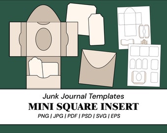 May include: A set of printable templates for a mini square junk journal insert. The templates include a square insert, a pocket, a tag, and an envelope. The templates are in black and white and are ready to be printed and cut out.